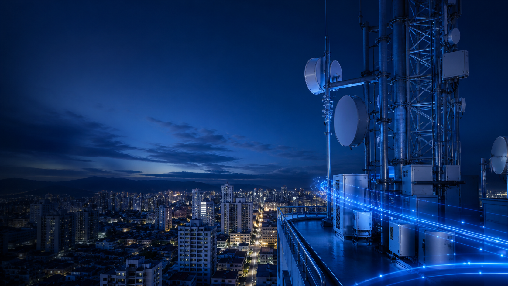 Infraestructura de telecomunicaciones conectando una ciudad